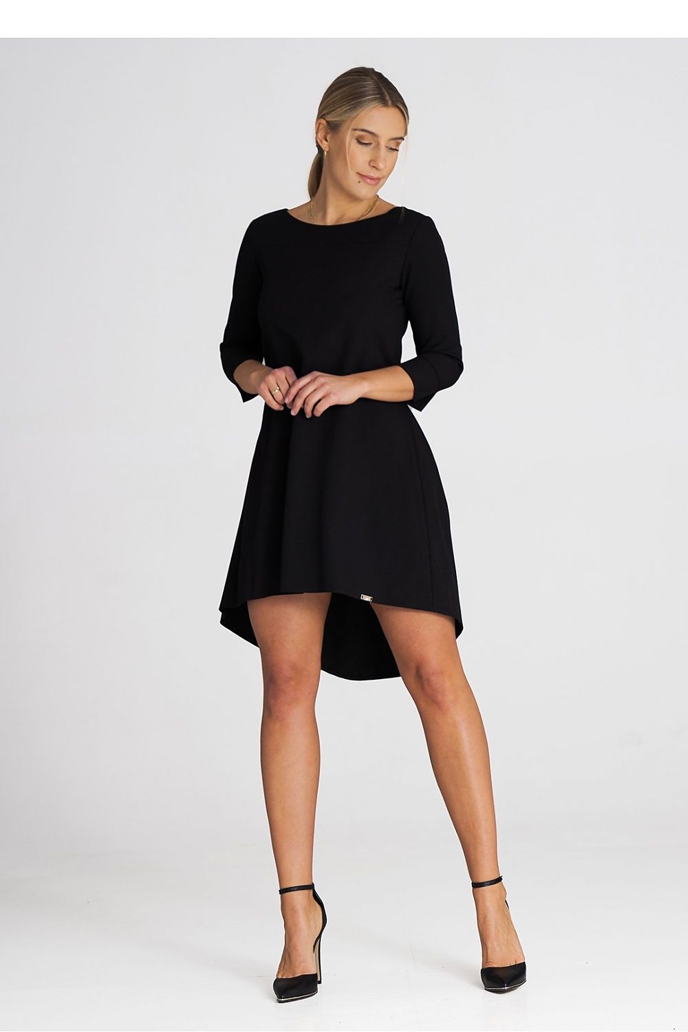 black pleated asymmetrical cocktail dress alternate angle