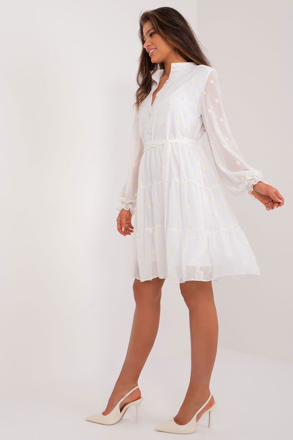 white flared ruffle cocktail dress detail view