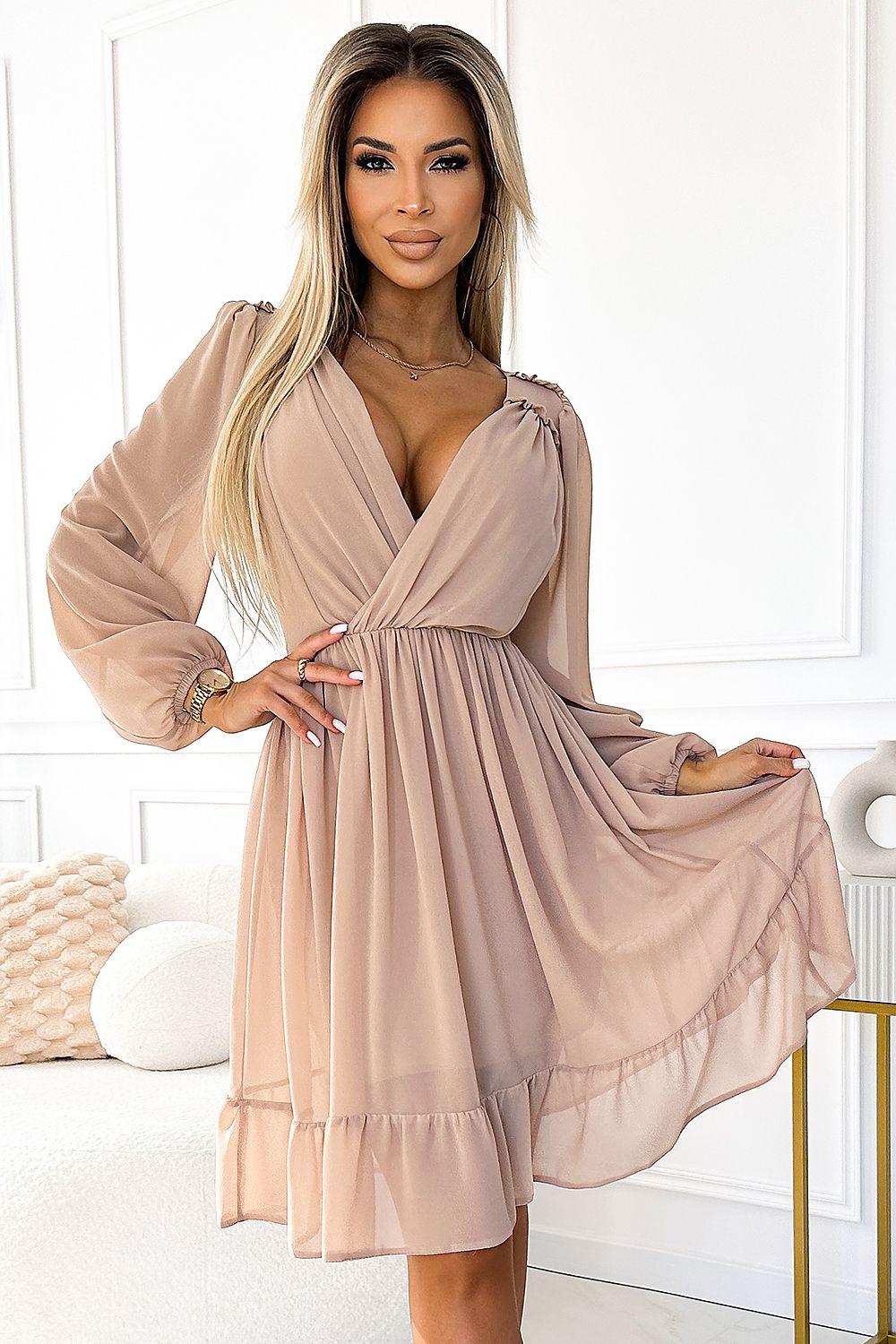 beige long sleeve midi cocktail dress front view