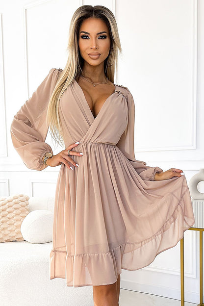 beige long sleeve midi cocktail dress front view