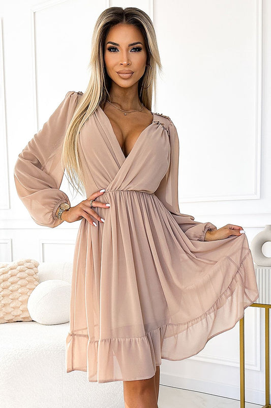 beige long sleeve midi cocktail dress front view