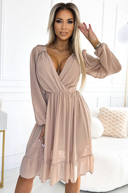 beige long sleeve midi cocktail dress alternate angle