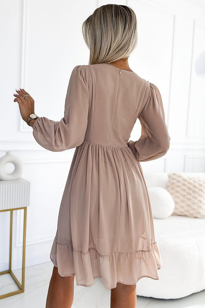 beige long sleeve midi cocktail dress detail view