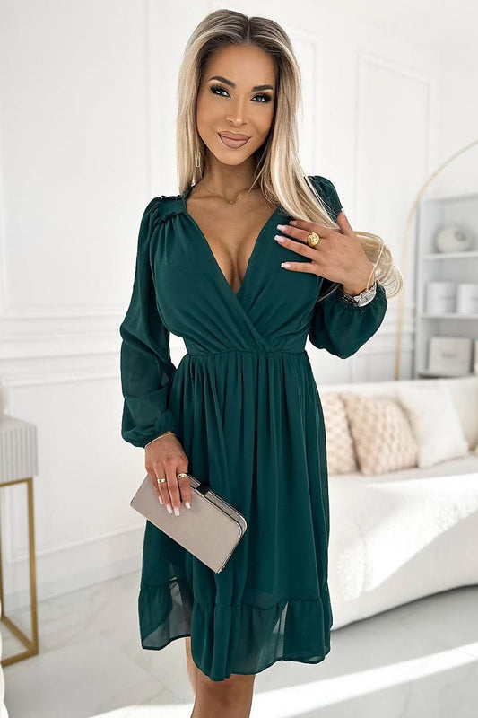 green long sleeve midi cocktail dress front view