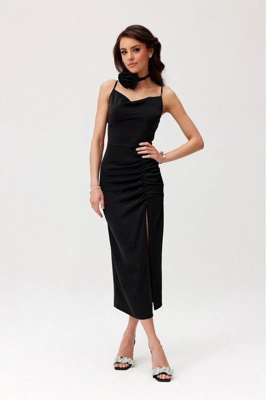 black wrap lace evening dress front view