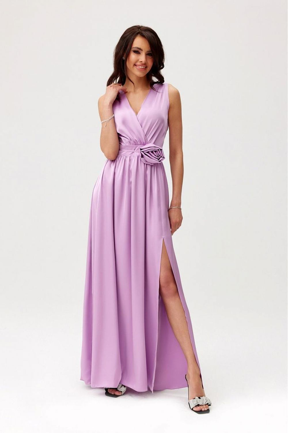violet satin maxi cocktail dress front view