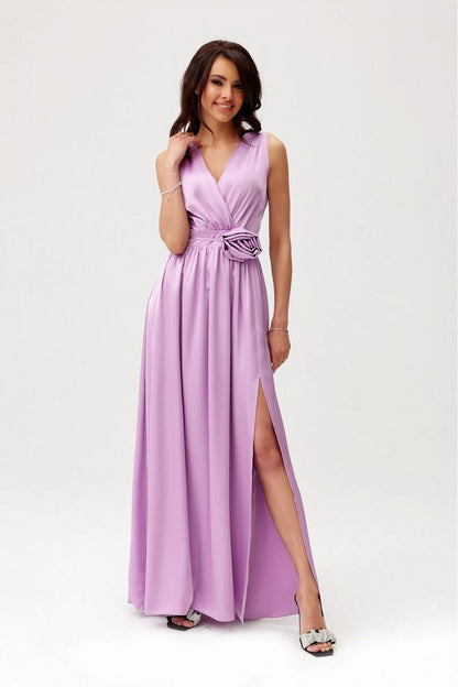 violet satin maxi cocktail dress front view