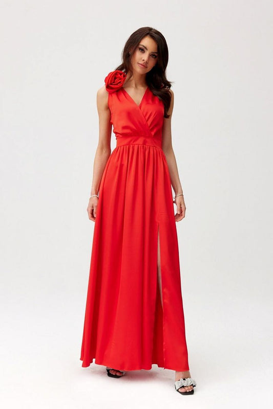 red satin maxi cocktail dress front view