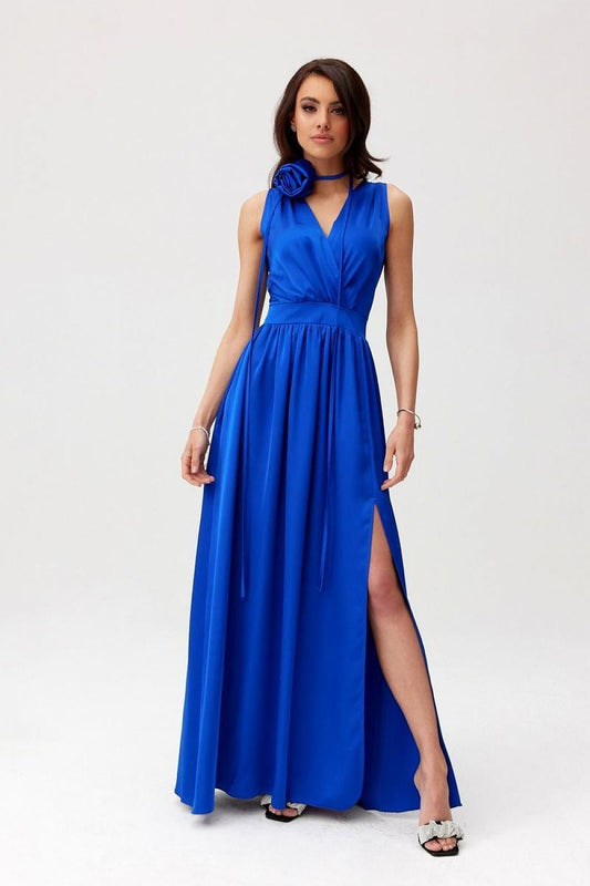 blue satin maxi cocktail dress front view