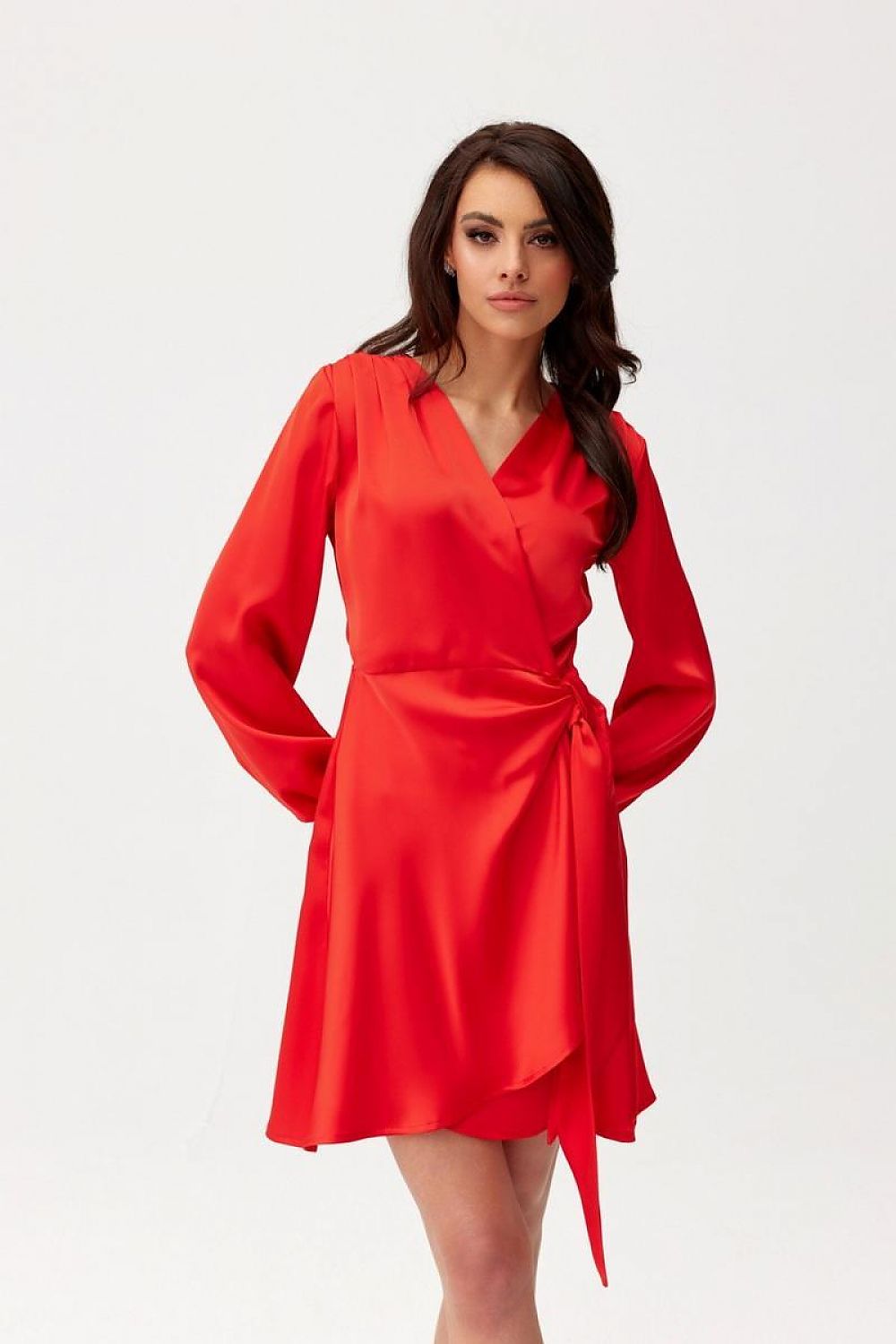 red wrap satin red satin wrap dress with puff sleeves – elegant mini for special occasions front view