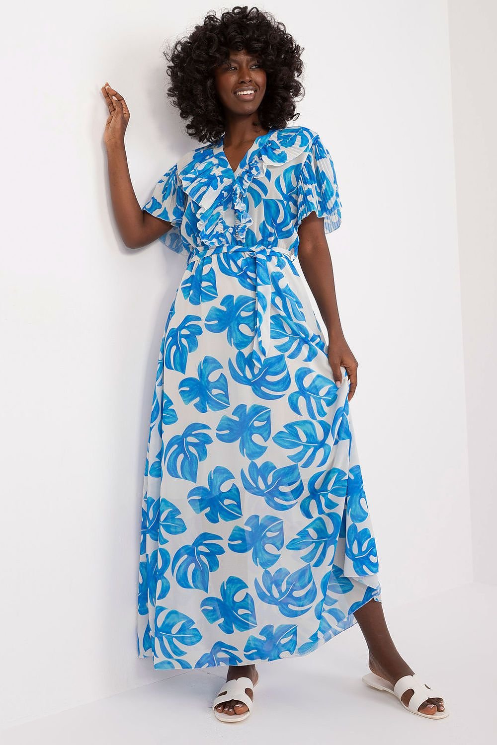 blue flared ruffle day dress front view