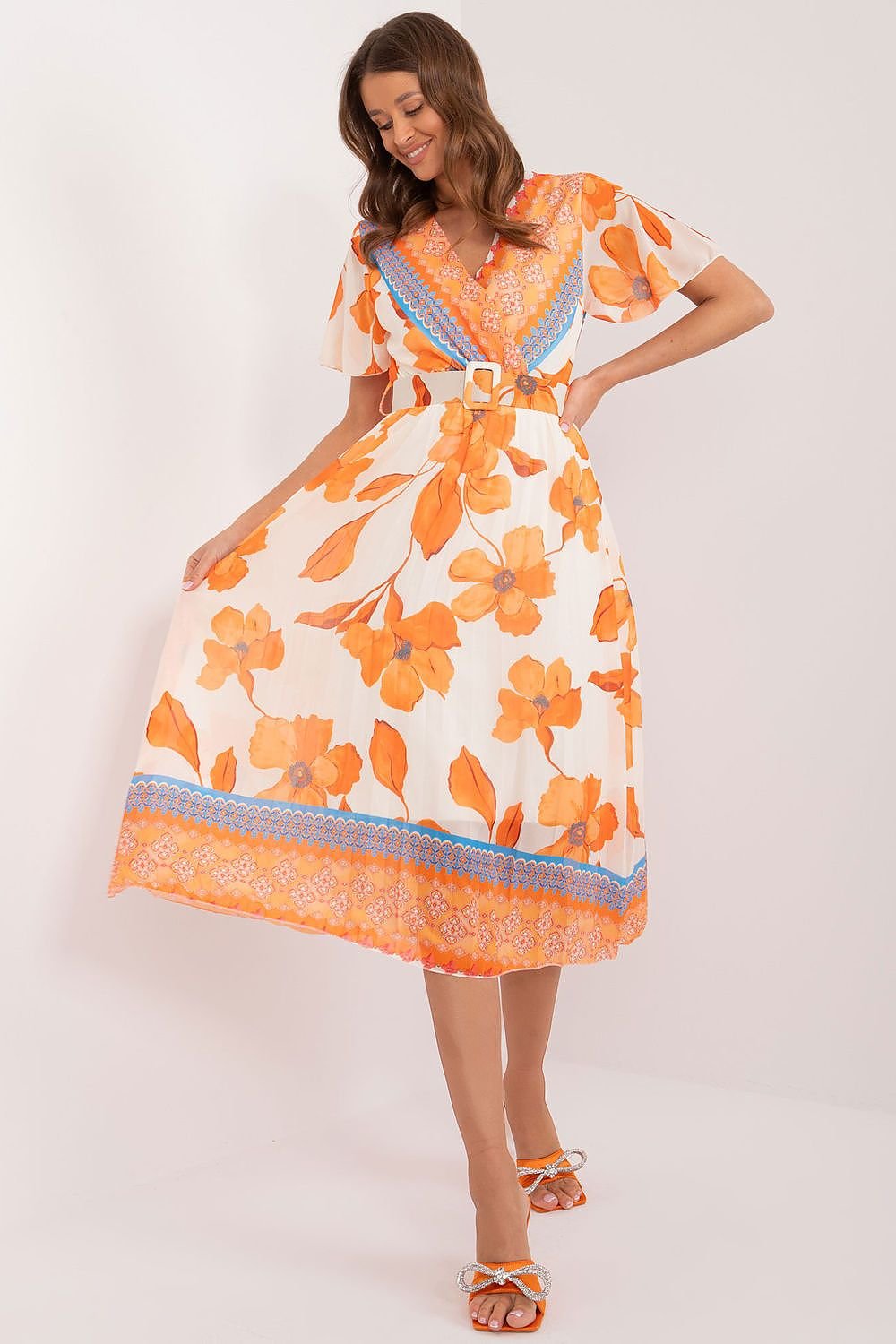 orange pleated belted day dress view 9