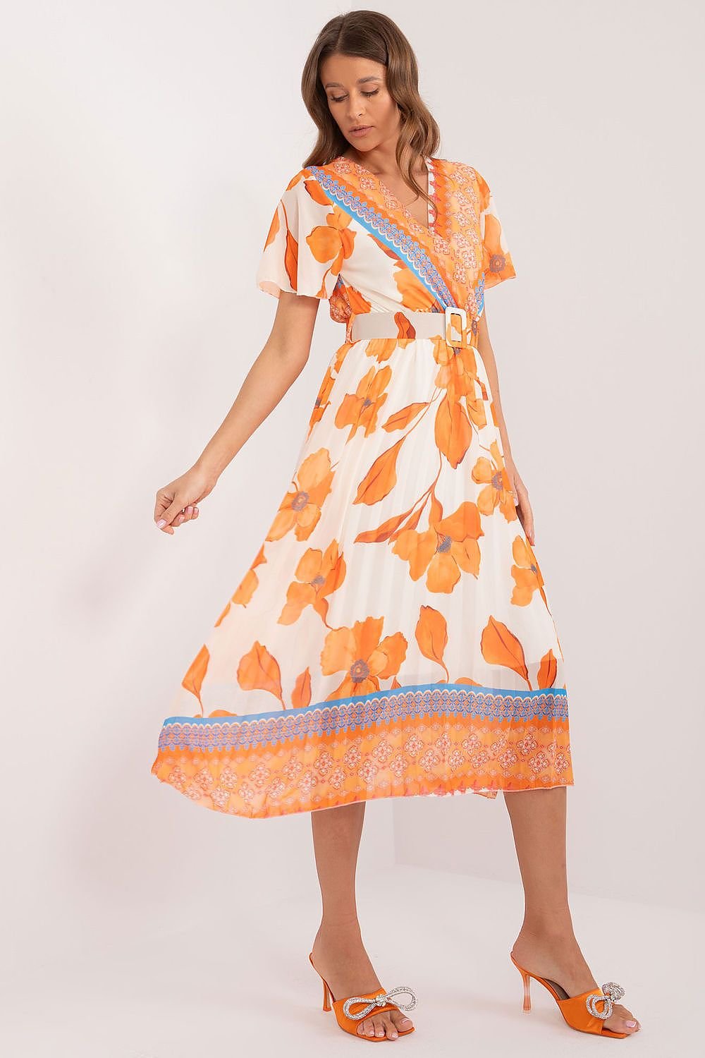 orange pleated belted day dress view 10