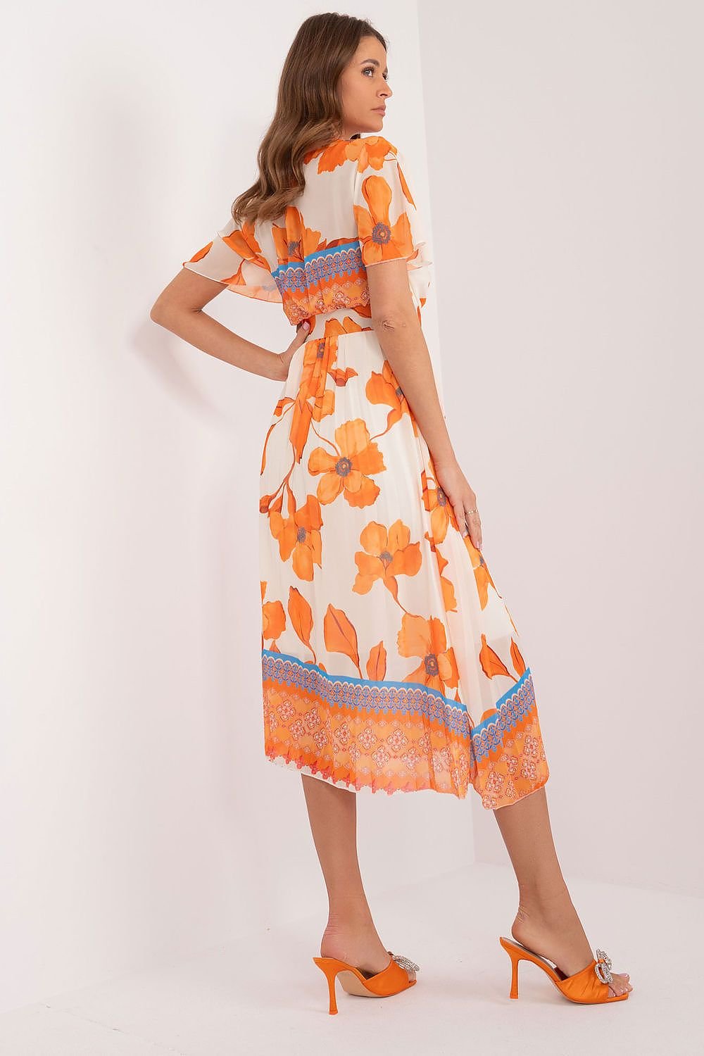 orange pleated belted day dress view 11