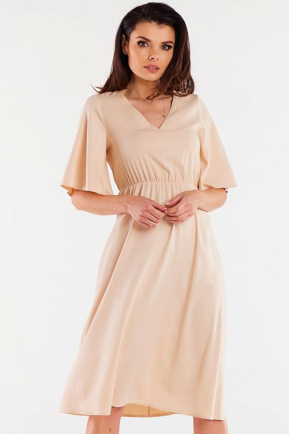beige flared day dress side view