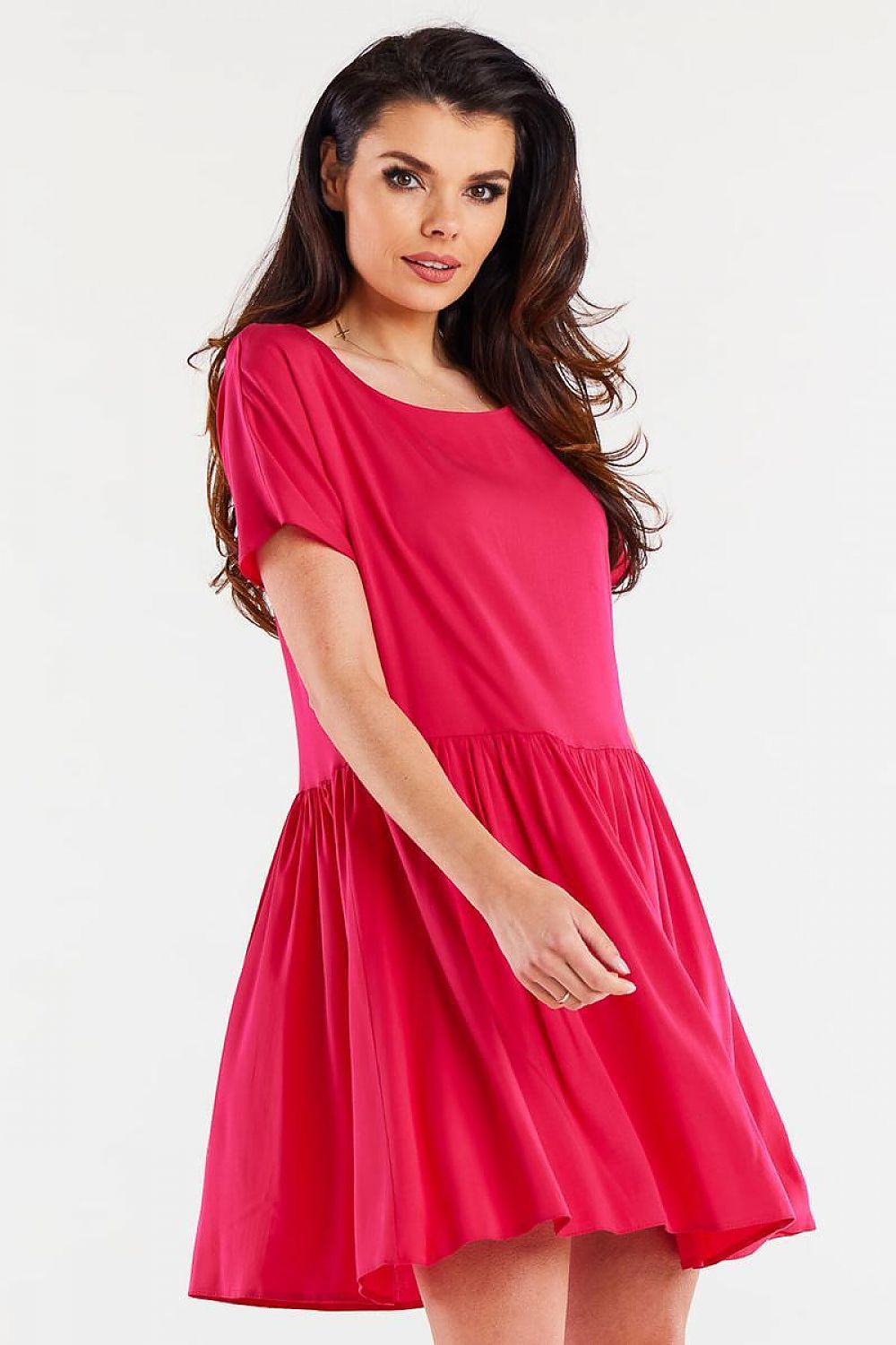 pink ruffle short sleeve day dress front view