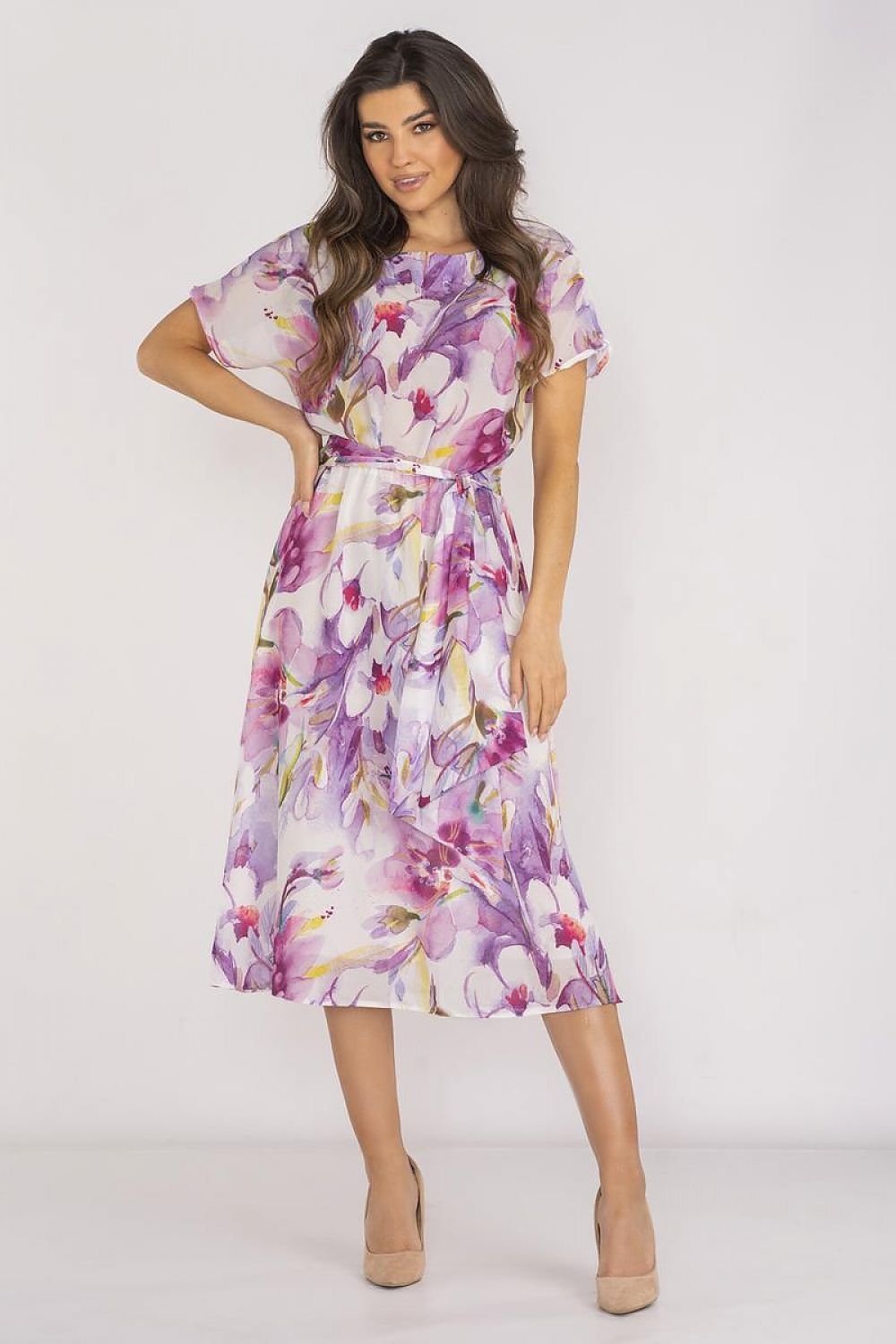 violet flared belted day dress front view