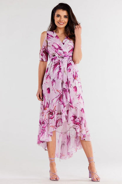 multicolor ruffle belted day dress front view
