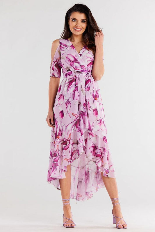 multicolor ruffle belted day dress front view