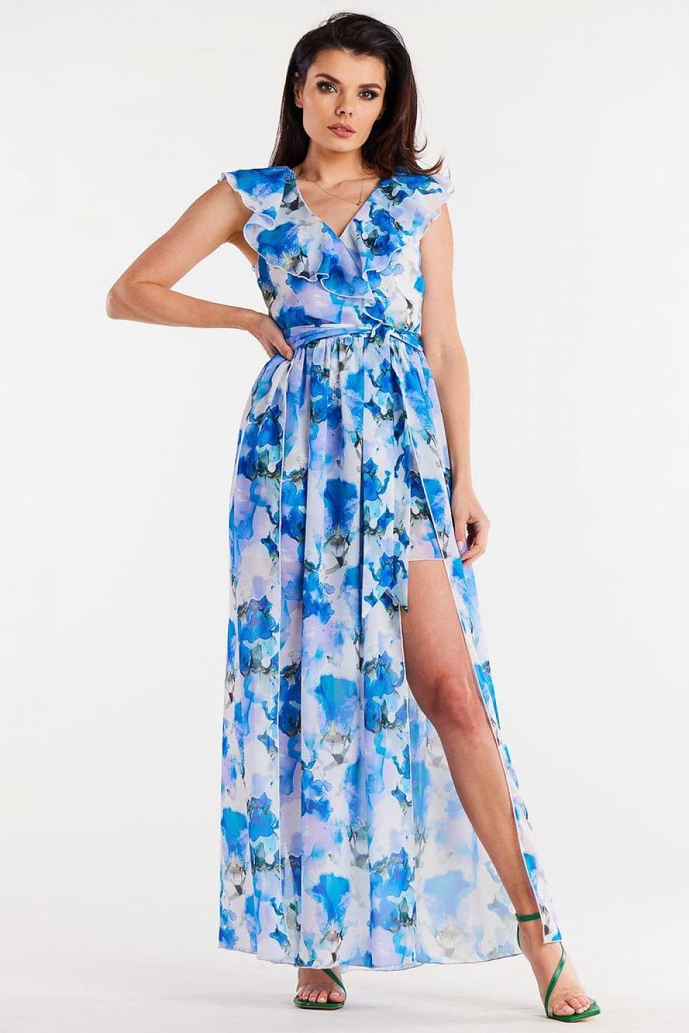 blue ruffle belted day dress front view