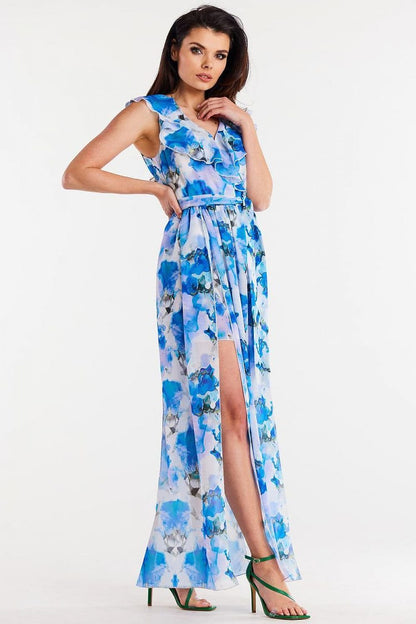 blue ruffle belted day dress alternate angle