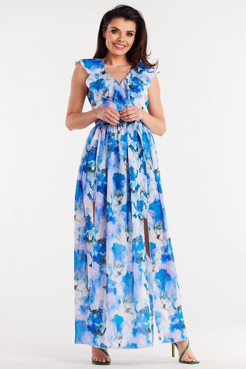 blue ruffle belted day dress back view