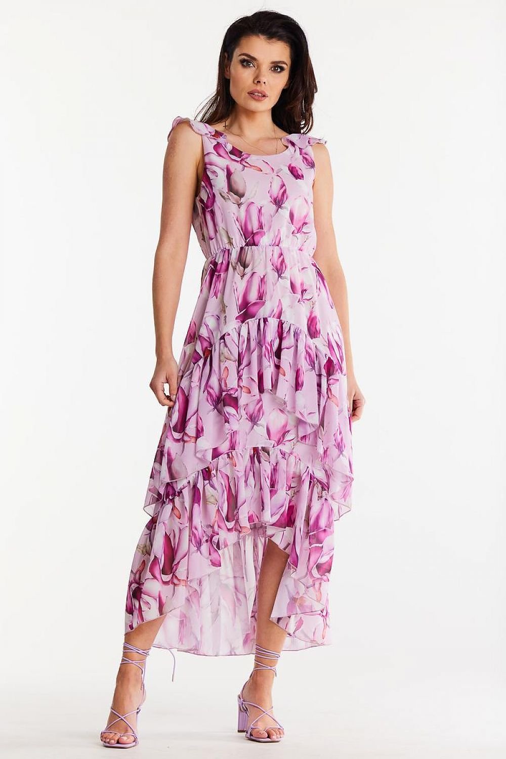 multicolor ruffle asymmetrical day dress front view