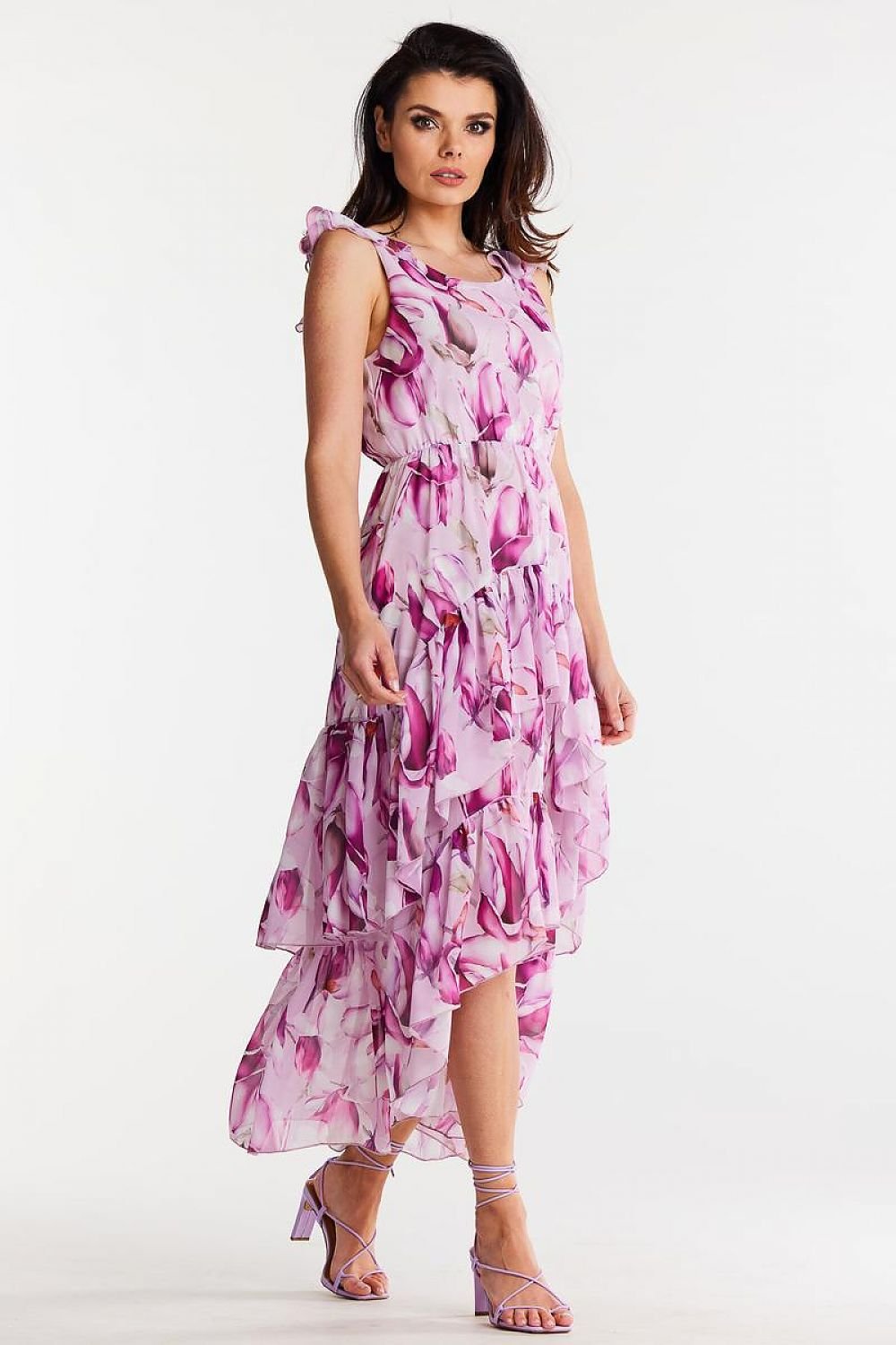 multicolor ruffle asymmetrical day dress back view