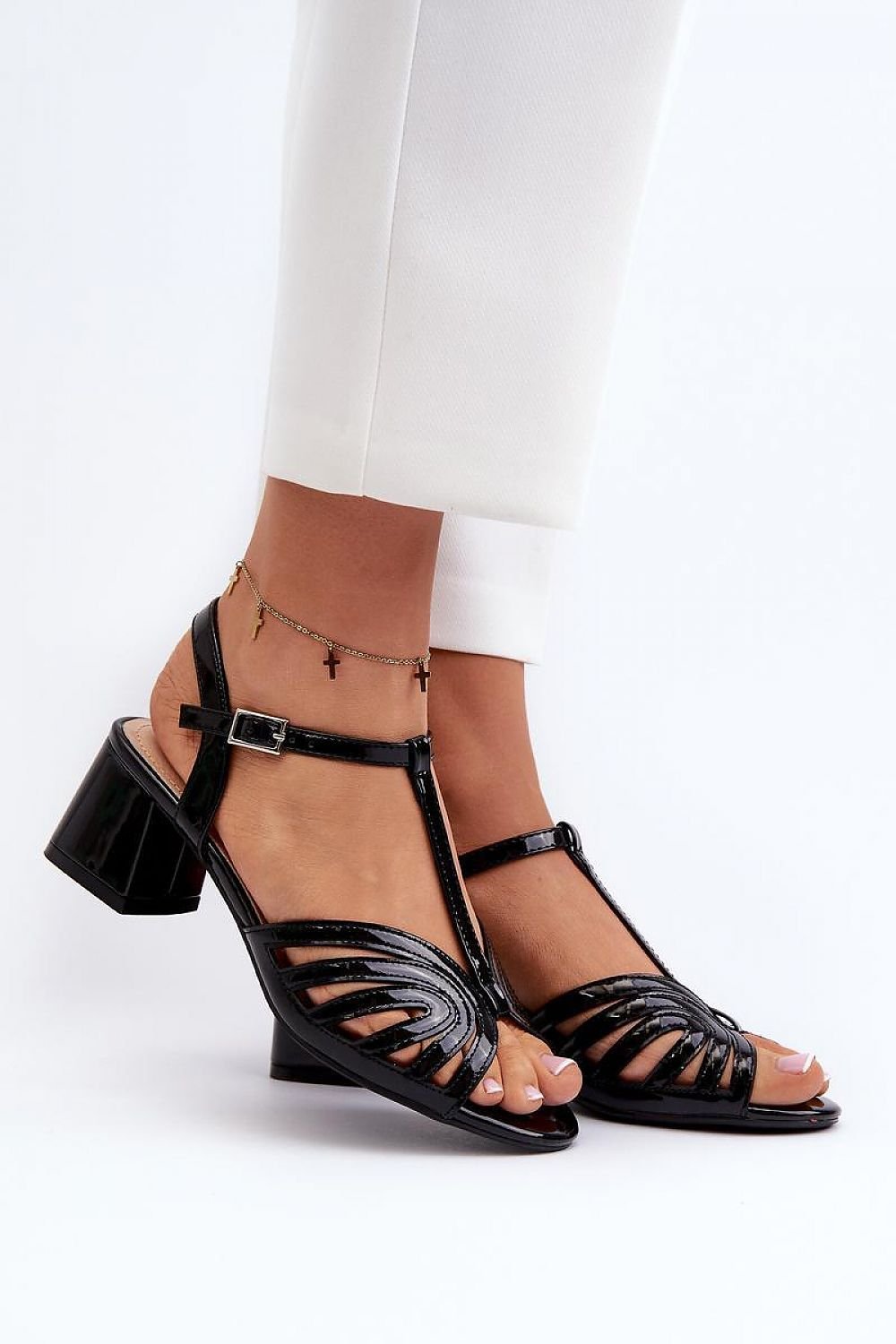 black heel sandals front view