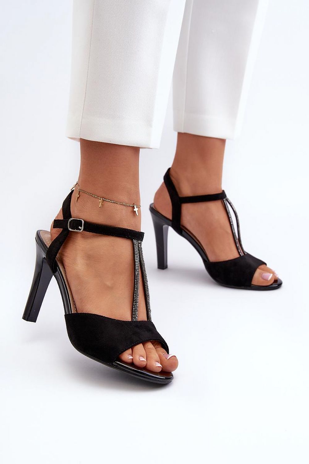 black mini heel sandals detail view