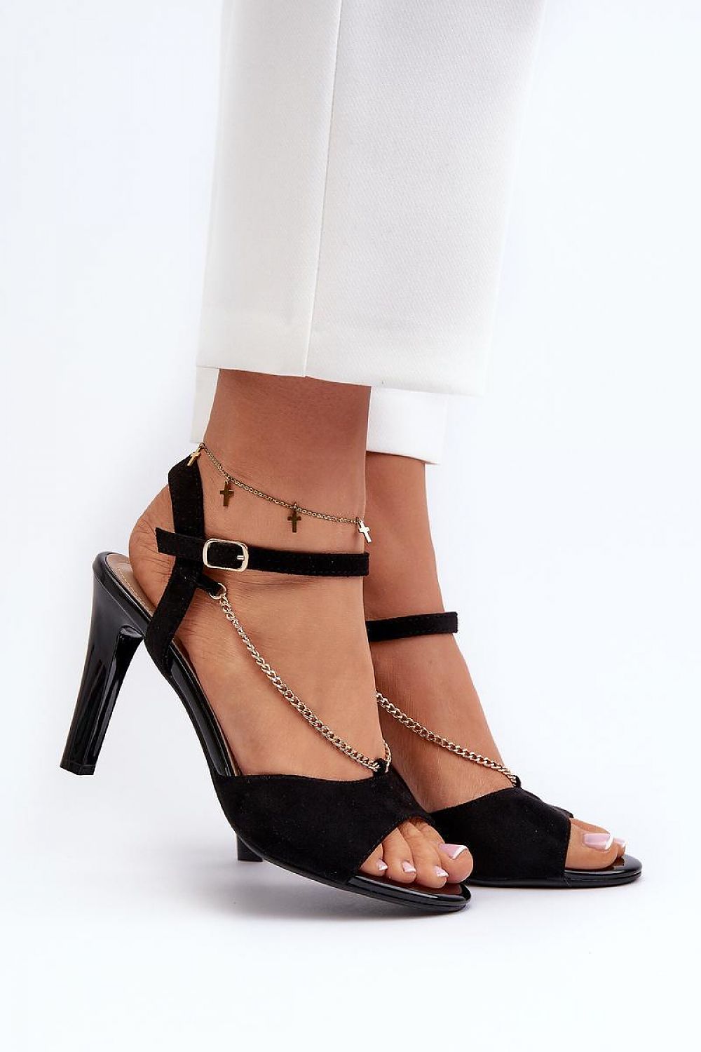 black heel sandals front view