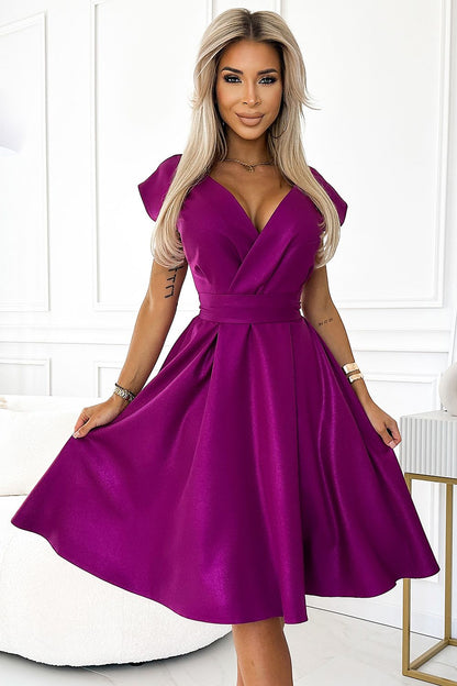 pink flared belted evening dress view 16