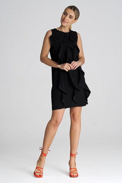 black ruffle sleeveless cocktail dress front view