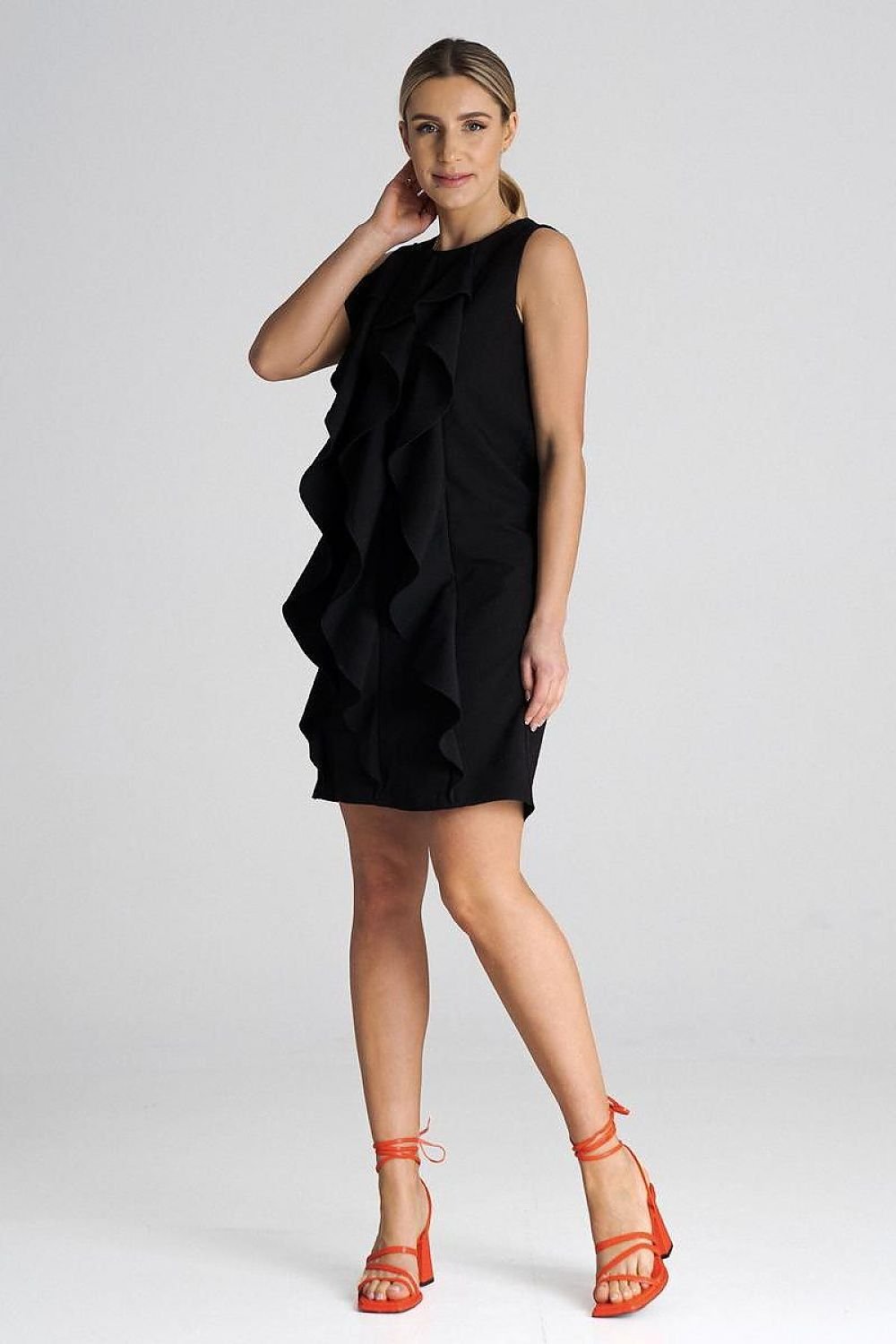 black ruffle sleeveless cocktail dress alternate angle