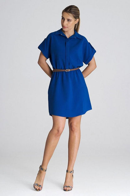 blue belted short sleeve day dress front view