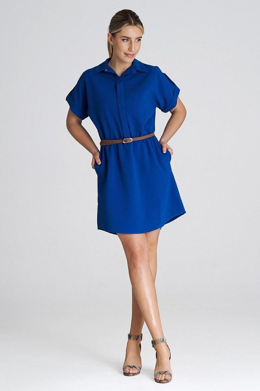 blue belted short sleeve day dress alternate angle