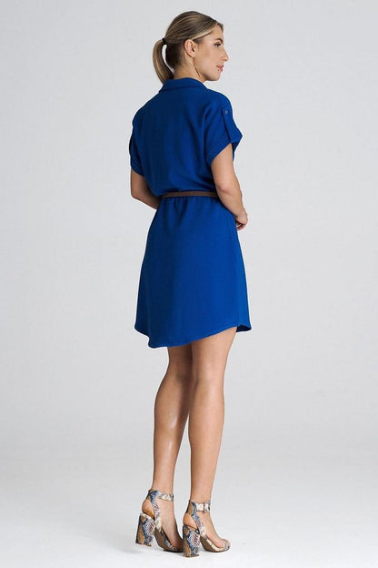 blue belted short sleeve day dress detail view