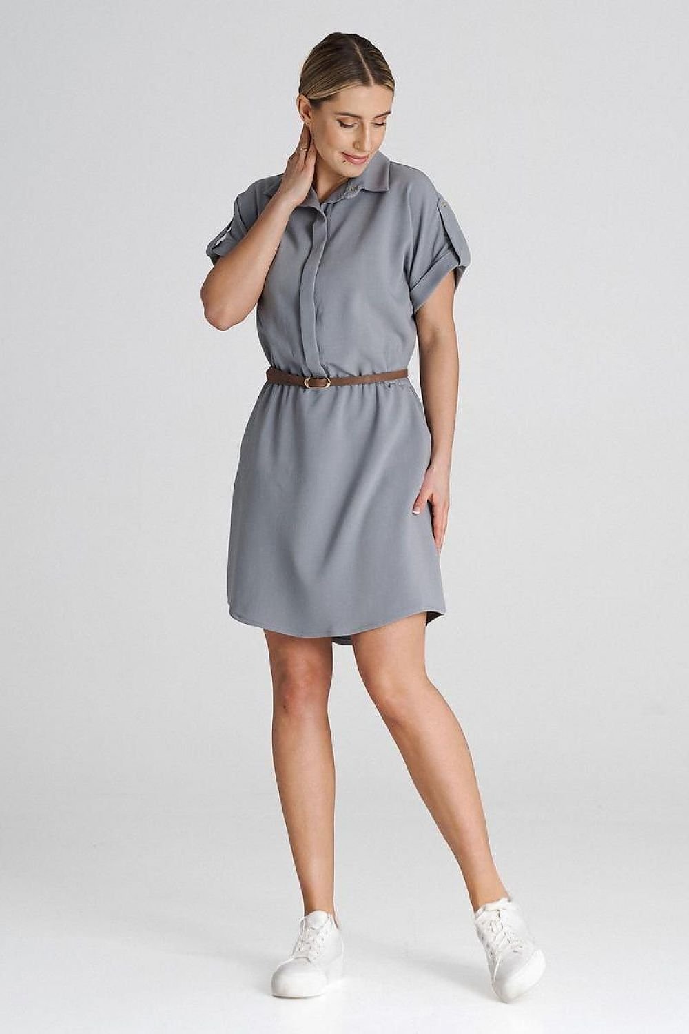 blue belted short sleeve day dress view 10