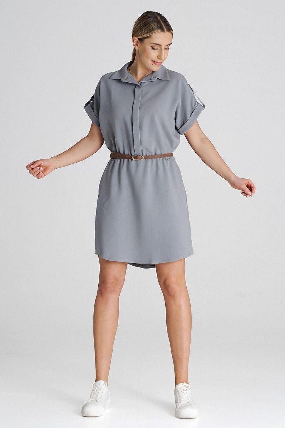 blue belted short sleeve day dress view 11