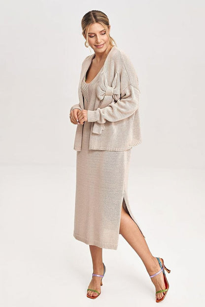 beige long sleeve midi matching set front view