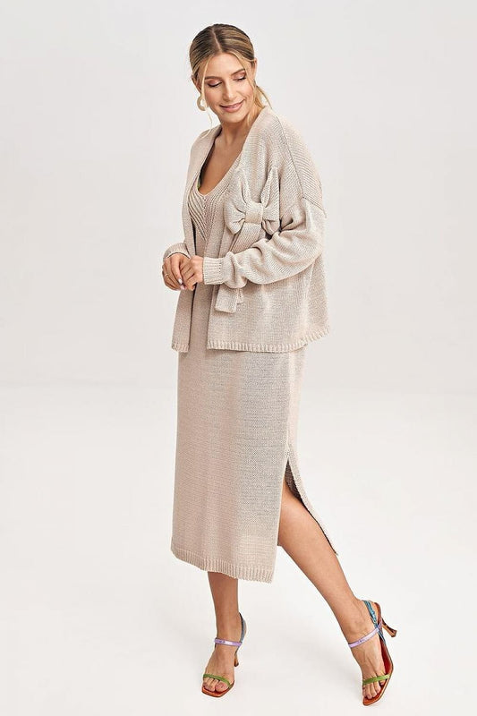 beige long sleeve midi matching set front view