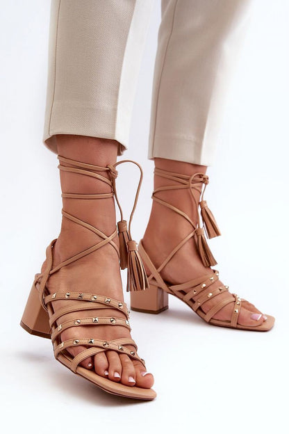 brown lace heel sandals detail view