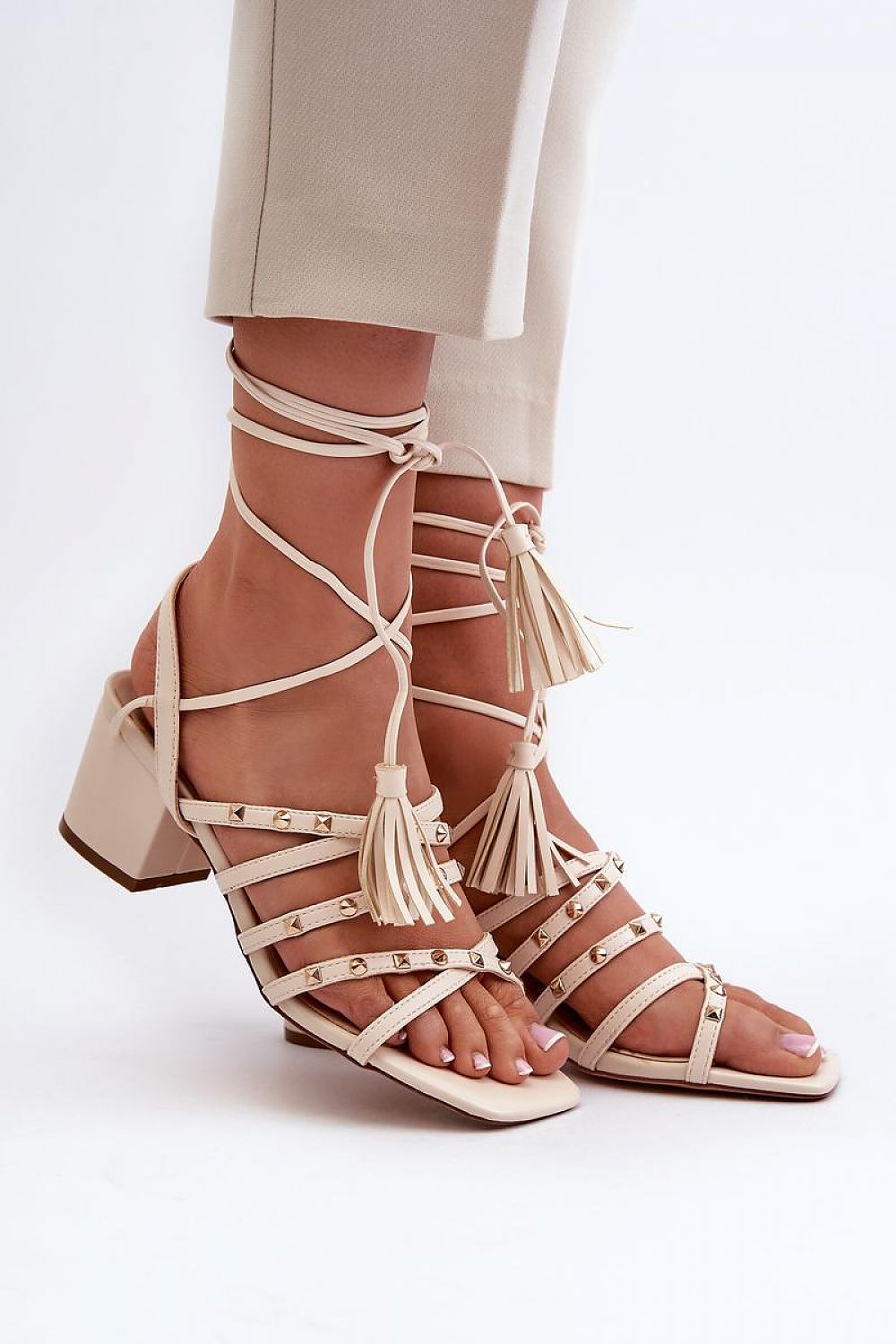 brown lace heel sandals back view