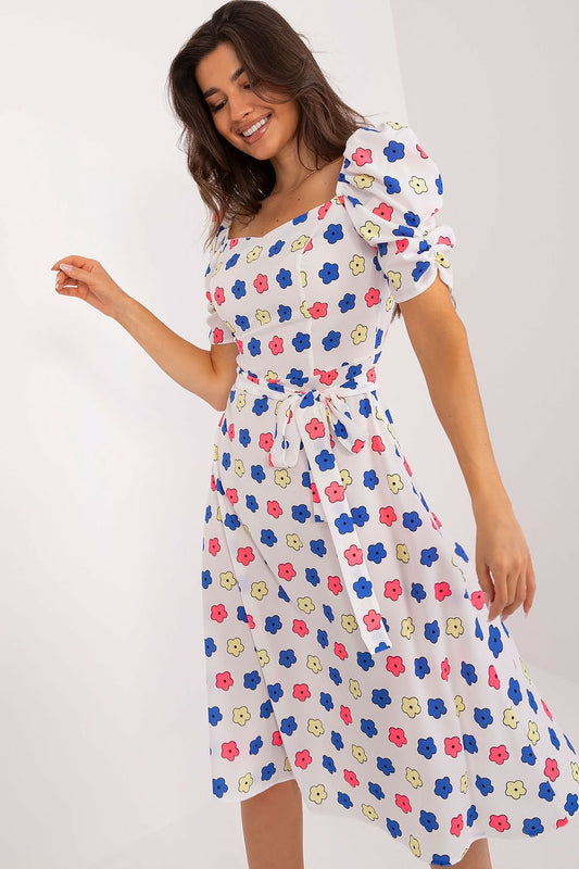 white flared belted day dress front view