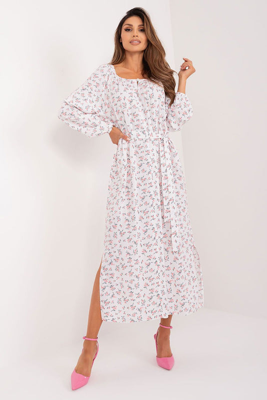 pink belted long sleeve day dress front view