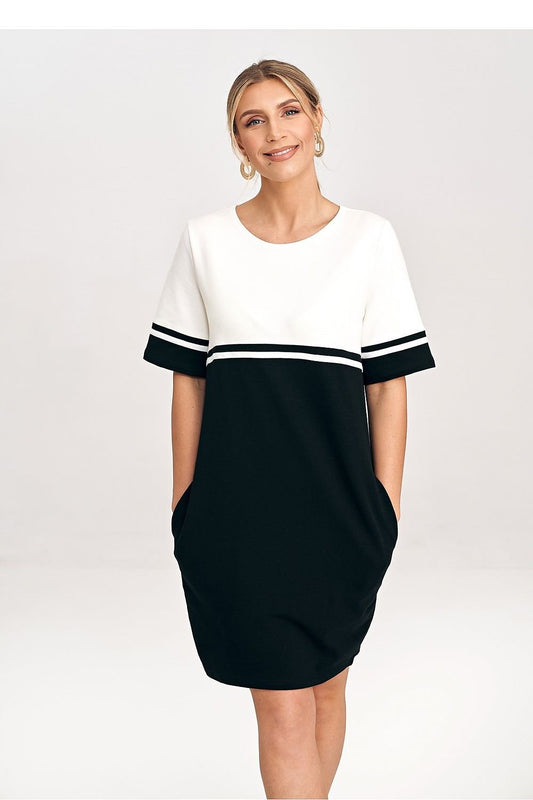 black belted short sleeve day dress front view