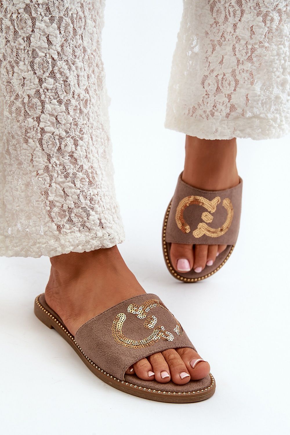 brown sequin flip-flops detail view