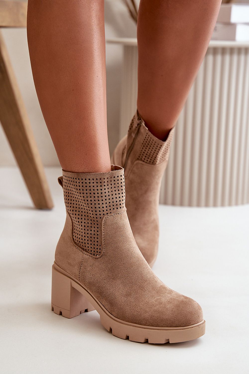 beige heel boots detail view