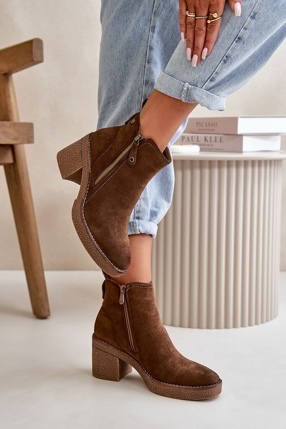 brown heel boots front view