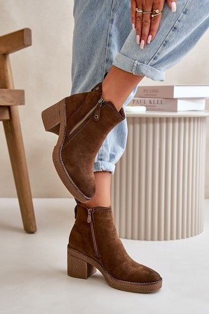 brown heel boots front view